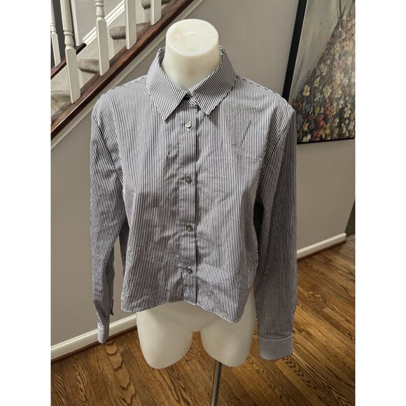 THEORY Crop Classic Cotton Button Down Shirt in Black + White Stripe Size Large - Picture 2 of 3